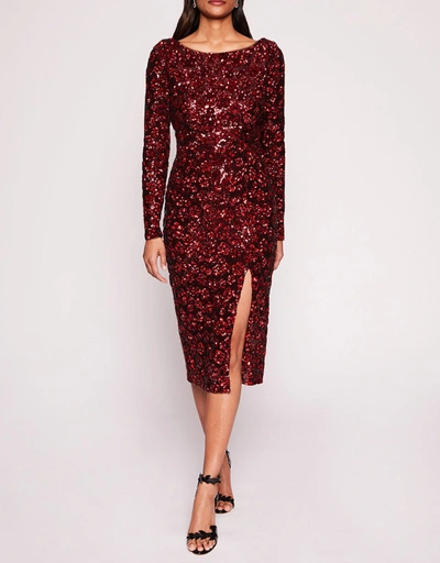 Sequin Bouquets Cocktail Midi Dress -Red