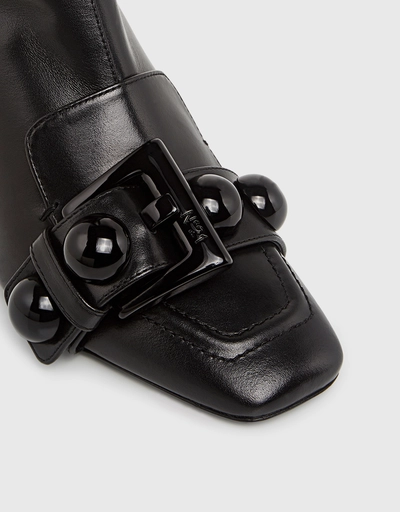 Calf Leather Square-toe Embellished Buckle Ankle Boots