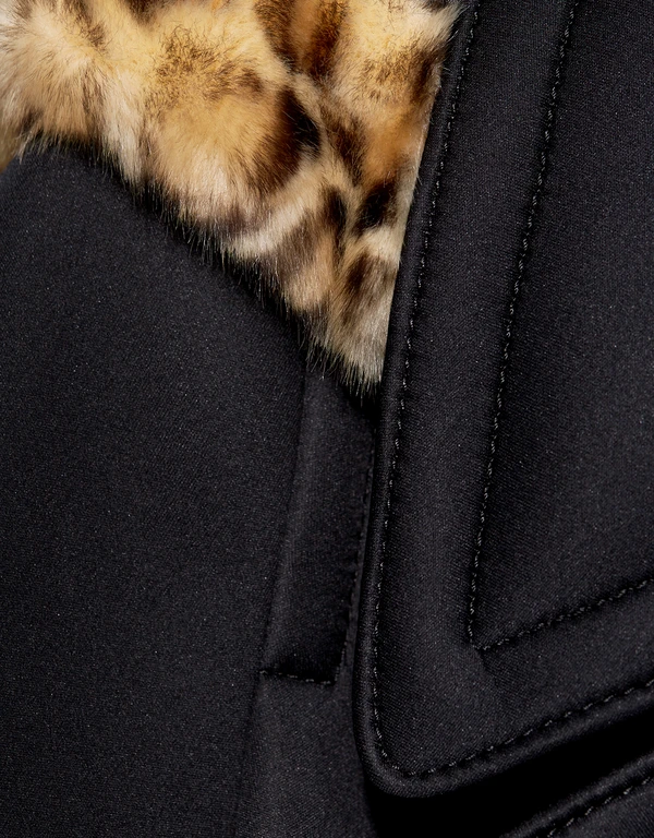 Leopard Animal-print Faux Fur Hood Double Breasted Neoprene Coat