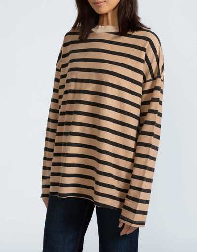 Cotton Thin Stripe Long Sleeve T-shirt-Camel