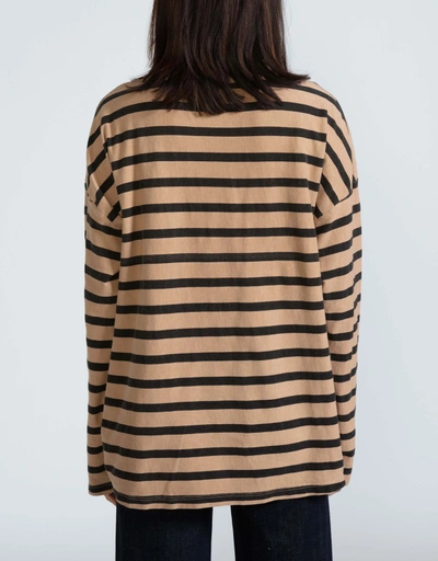 Cotton Thin Stripe Long Sleeve T-shirt-Camel