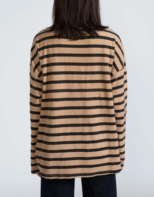 ASKK NY Cotton Thin Stripe Long Sleeve T-shirt-Camel