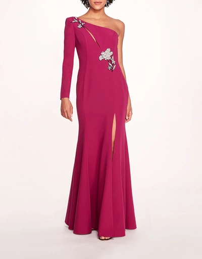 One Sleeve Beaded Floral Gown-Berry