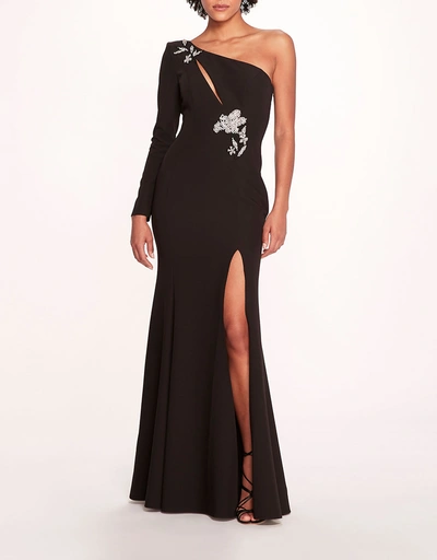 One Sleeve Beaded Floral Gown-Black