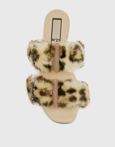 Embellished Buckle Leopard Animal-print Faux Fur Slides