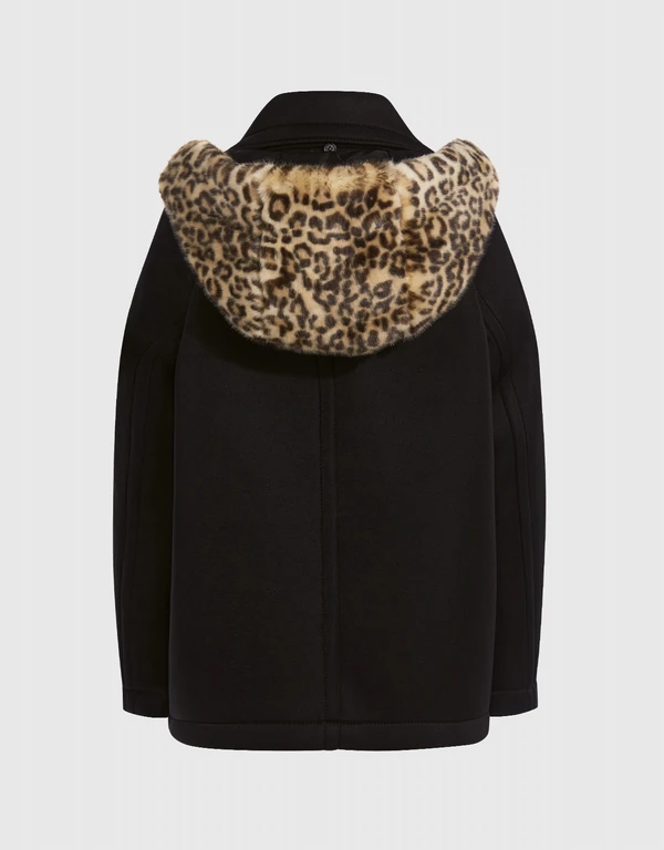 Leopard Animal-print Faux Fur Hood Double Breasted Neoprene Coat