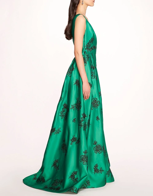 Satin Marigolds One Shoulder Gown-Emerald Combo