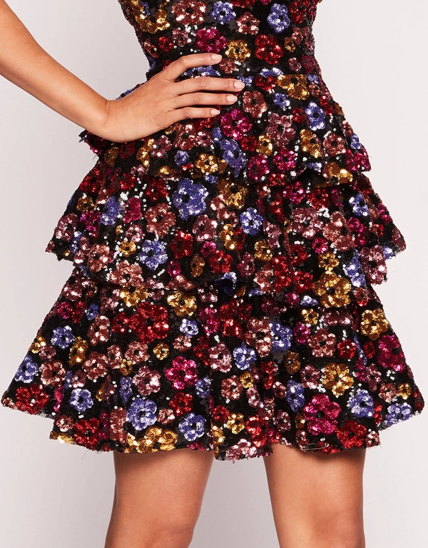 Marchesa Notte Sequin Bouquets A-Line Mini Dress-Multi