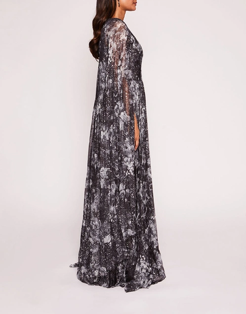 Chiffon Foiled Garden Printed Caped Gown -Black Silver