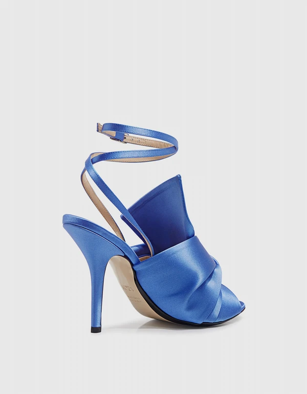 Pointed-Toe Knot Satin Ankle Strap Heeled Sandals