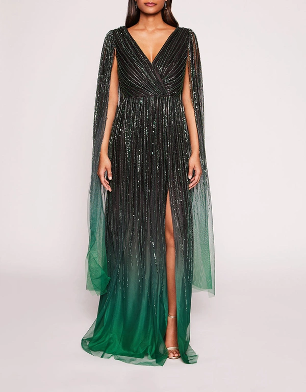 Marchesa Notte Ombre Beaded  A-Line Gown-Emerald Multi