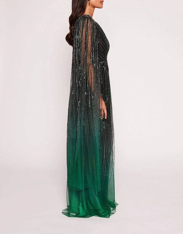 Marchesa Notte Ombre Beaded  A-Line Gown-Emerald Multi