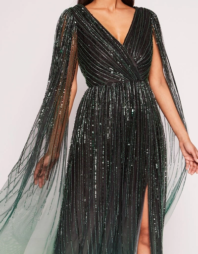 Ombre Beaded  A-Line Gown-Emerald Multi