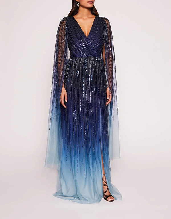 Marchesa Notte Ombre Beaded  A-Line Gown-Navy Multi