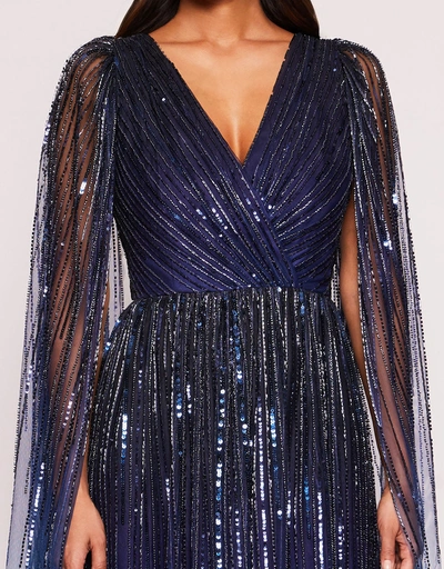 Ombre Beaded  A-Line Gown-Navy Multi