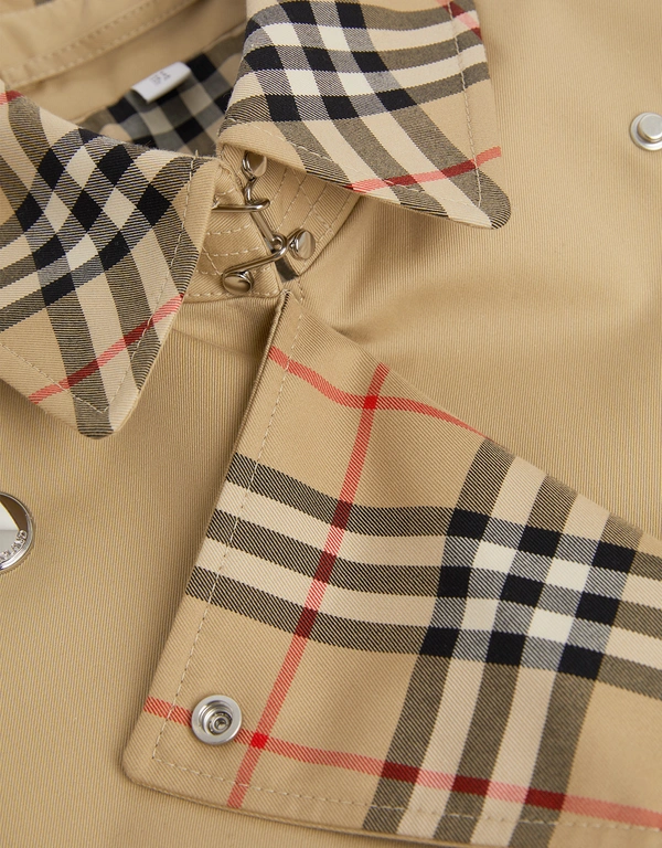 Burberry Gabardine Classic Check Collar Short Trench Coat