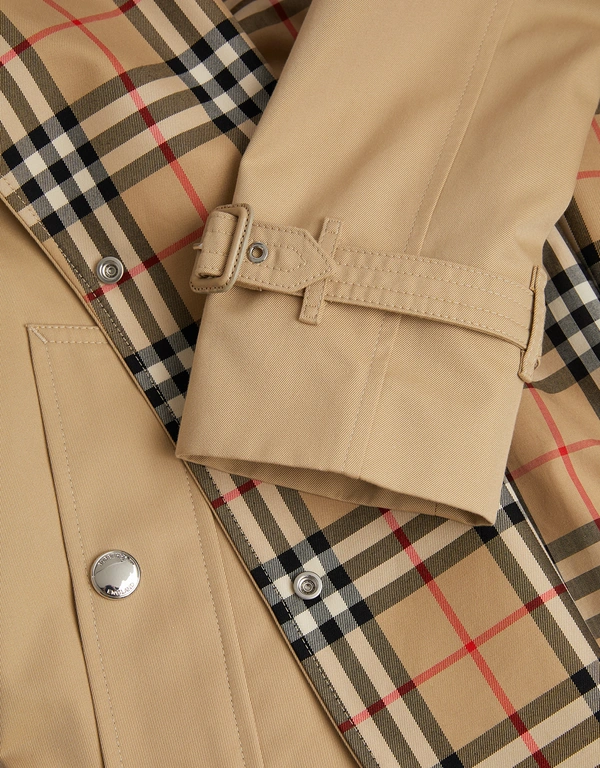 Burberry Gabardine Classic Check Collar Short Trench Coat