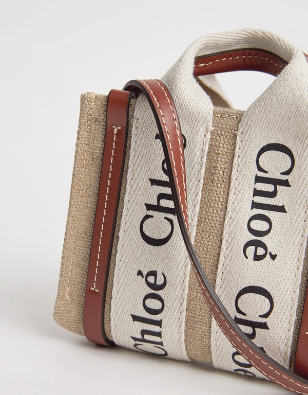 Chloé Woody Nano Linen Canvas And Shiny Calfskin Tote Bag
