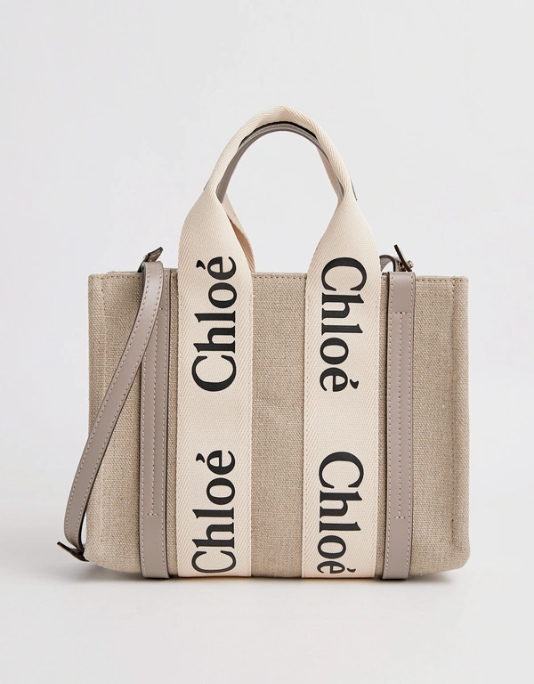 Chloé Woody Small Linen Canvas And Shiny Calfskin Tote Bag