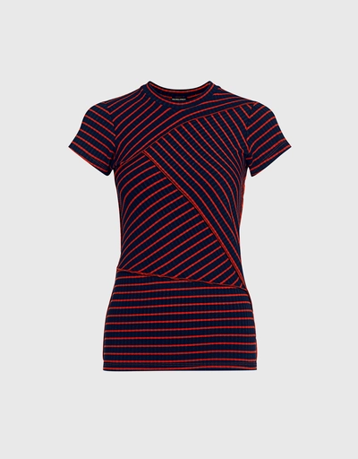 Patch Cut Sleeve Stripe Fitted Tee