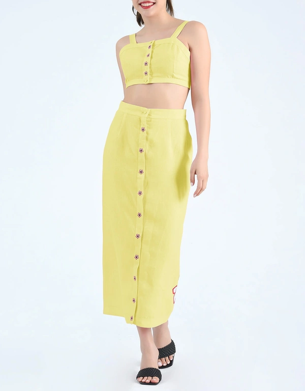 Fanm Mon Helen 無袖短版上衣與中長裙套裝-Mustard Lime