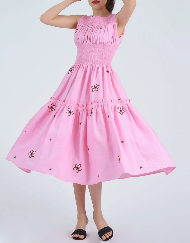 white christmas dresses Pink Whimsy Designer Dress – Spaghetti Straps Midi in Textured Tweed