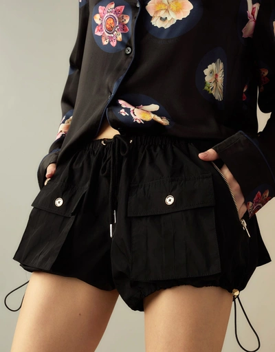 Nylon Cargo Mini Shorts-Black