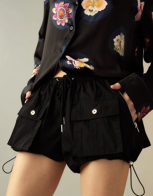 Cynthia Rowley Nylon Cargo Mini Shorts-Black
