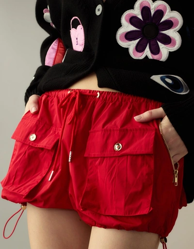 Nylon Cargo Mini Shorts-Red