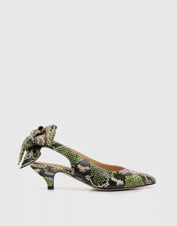 Leather Sabine Snake-effect Pointed-toe Bow Tie Slingback Kitten Heels
