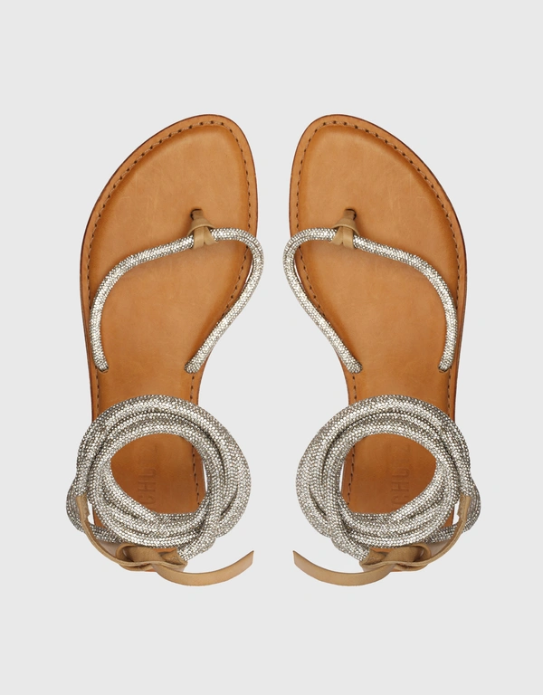 Schutz Kittie Glam Strass Ankle Tie Flat Sandals