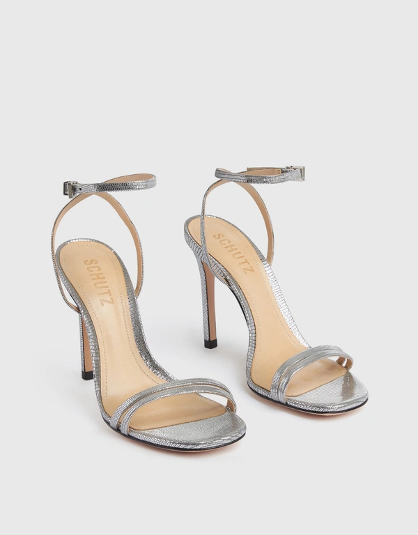 Schutz Altina Embossed-Leather High Heel Sandals-Silver