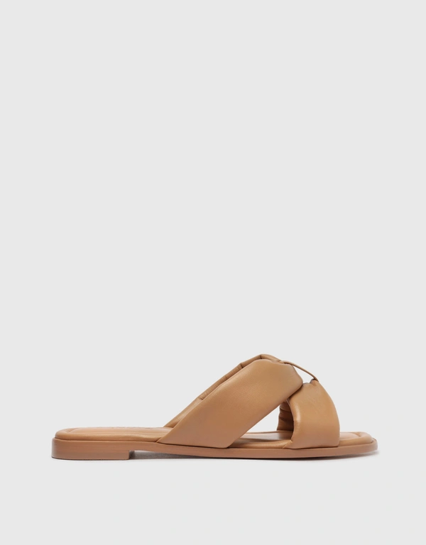 Schutz Fairy Nappa Leather Flat Sandals-Honey Beige