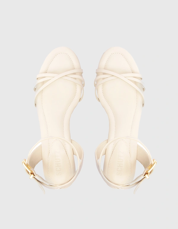 Schutz Alexandra Leather Ankle Strap Mid Block Sandals-White