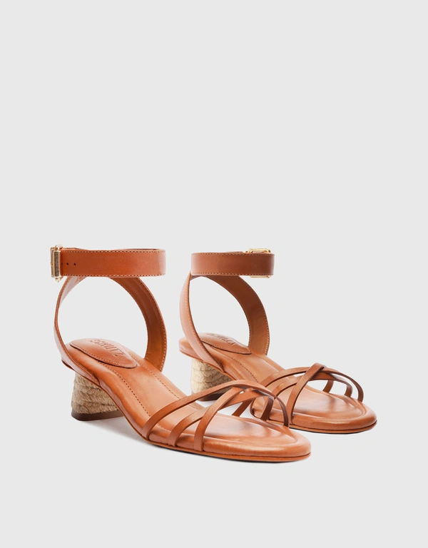 Schutz Alexandra Leather Ankle Strap Mid Block Sandals-Honey Peach