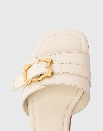 Wavy Leather Flat Slides-Pearl