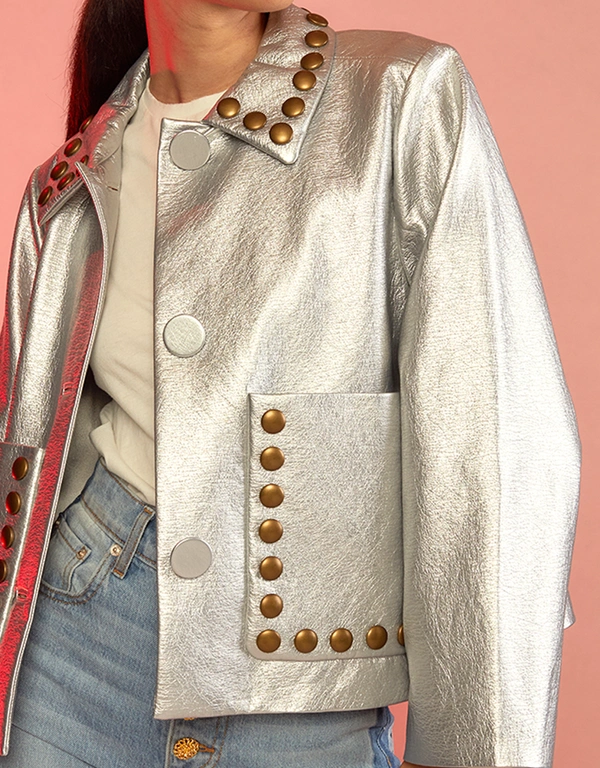 Cynthia Rowley Studded Vegan Leather Jacket-Silver