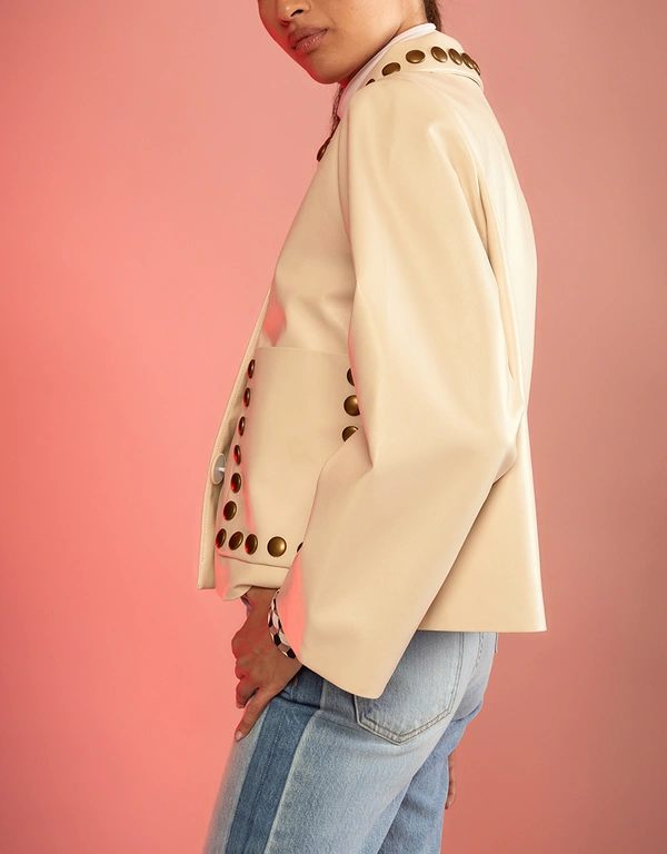Cynthia Rowley Studded Vegan Leather Jacket-Cream