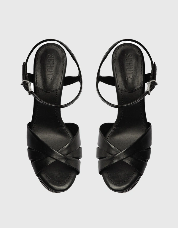Schutz Keefa Nappa Leather Platform Block High Heel  Sandals-Black