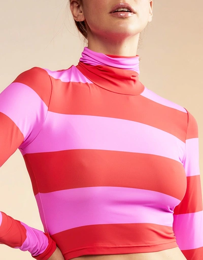 Cropped Striped Turtle Neck Top-Red and Pink