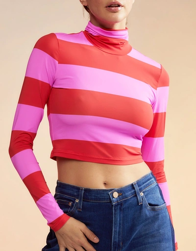 Cropped Striped Turtle Neck Top-Red and Pink