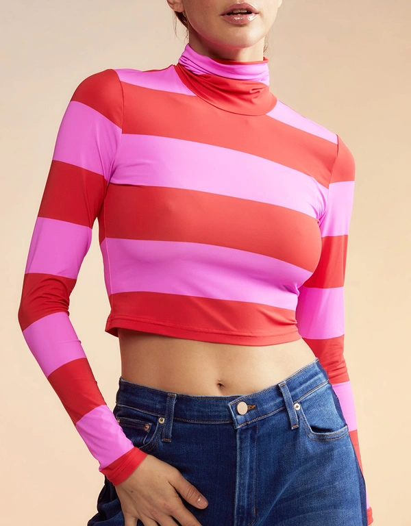 Cynthia Rowley Cropped Striped Turtle Neck Top-Red and Pink