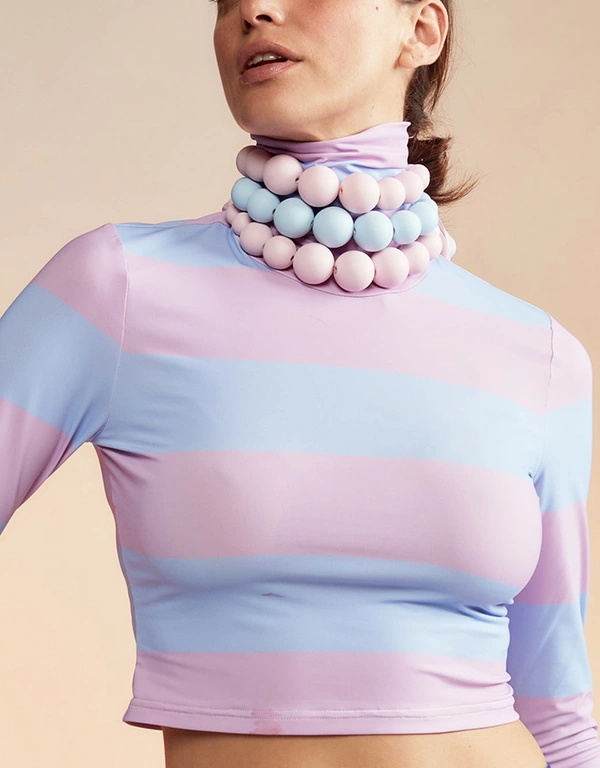 Cynthia Rowley Cropped Striped Turtle Neck Top-Pink and Blue