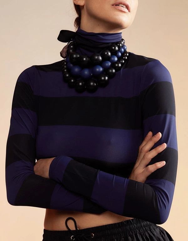 Cynthia Rowley Cropped Striped Turtle Neck Top-Black and Navy