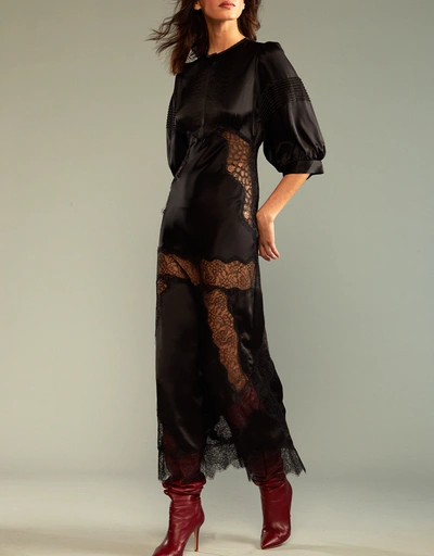 Lure Lace Silk Midi Dress-Black