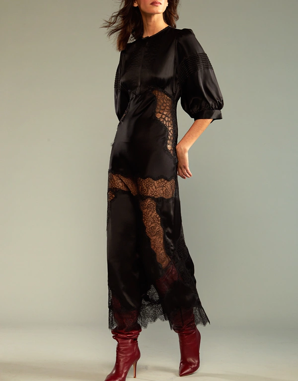 Cynthia Rowley Lure Lace Silk Midi Dress-Black