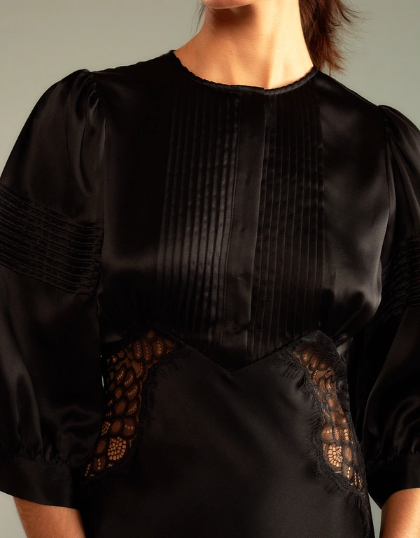 Cynthia Rowley Lure Lace Silk Midi Dress-Black