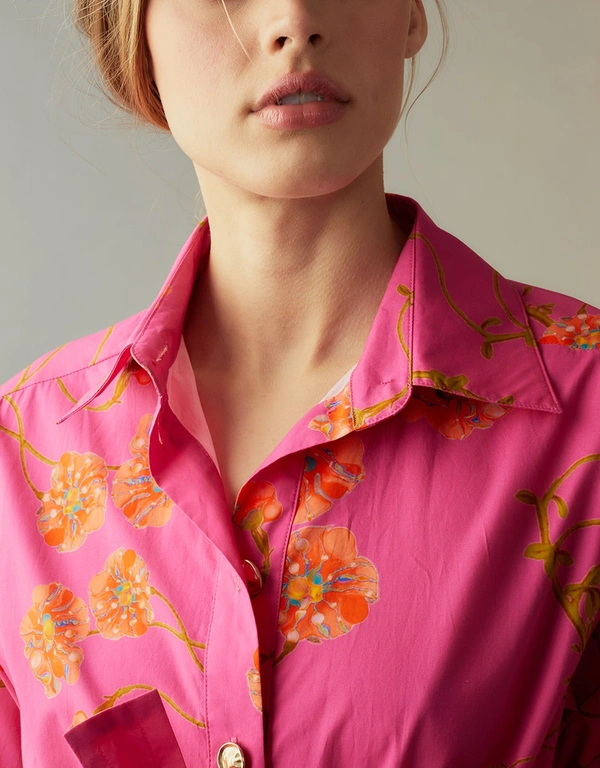 Cynthia Rowley Perennial Shirt Midi Dress-Pink Floral