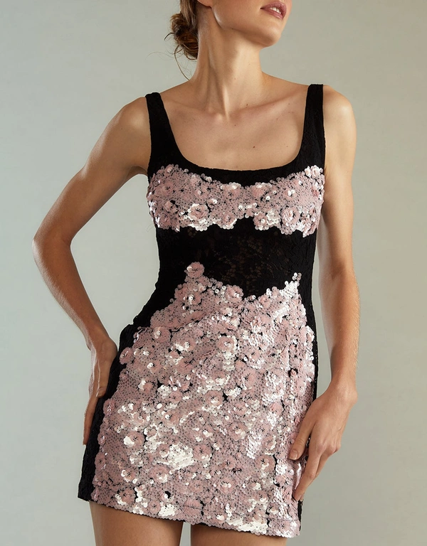 Cynthia Rowley Cosmo Lace Sequin Mini Dress-Pink