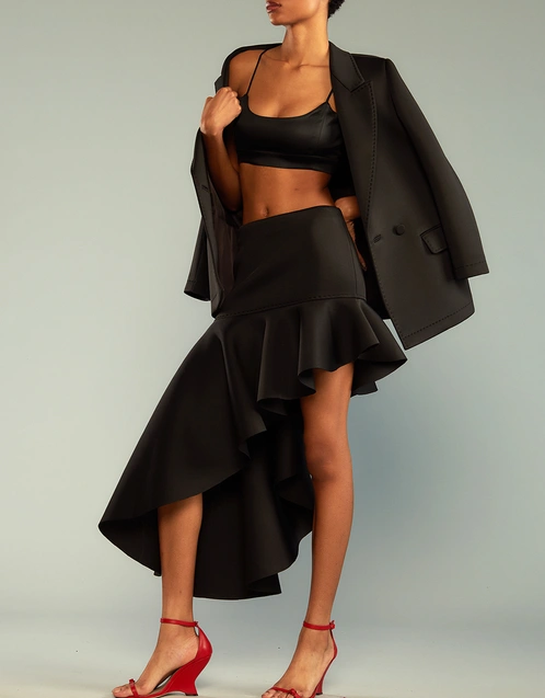 Asymmetrical Flounce Mini Skirt-Black